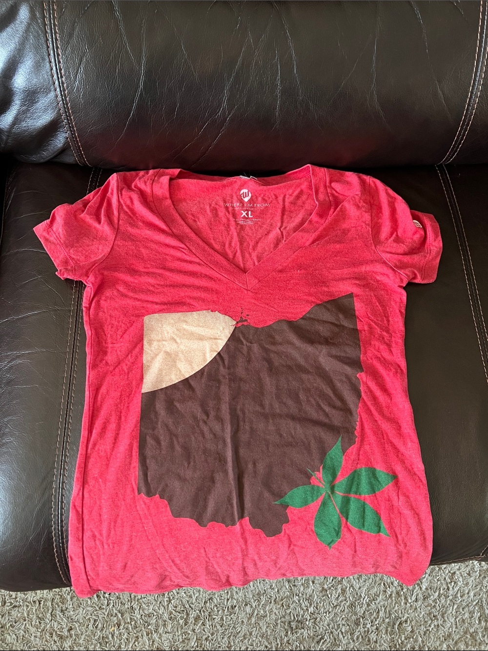 Women’s Red V-neck Where I’m From brand buckeye Ohio tee